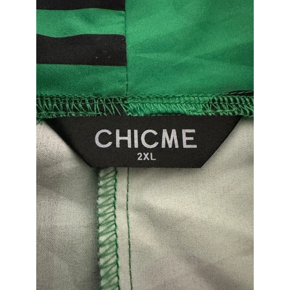 ChicMe Women's 2XL Blouse‎ Green Black Polka Dot Striped Long Sleeve V-Neck